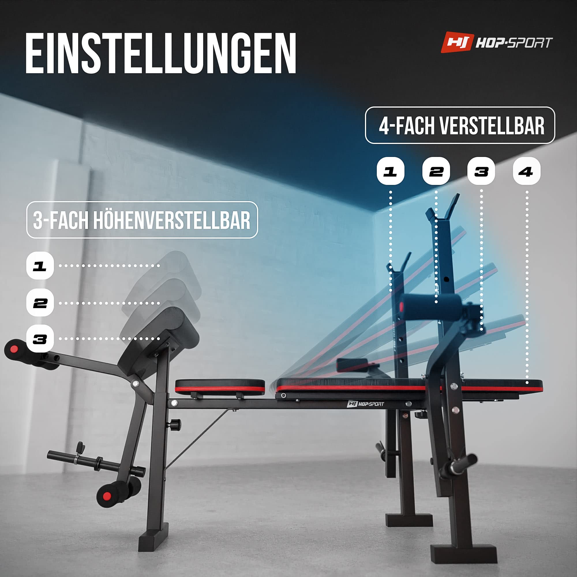 Hop-Sport Hantelbank mit Curlpult, Butterfly, Beincurler & klappbarer Trainingsbank, inkl. 129,5 kg Hantelset, SZ-Stange, Langhantel, Kurzhanteln – Fitnessbank für Heimtraining
